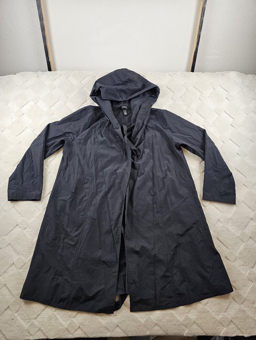 Eileen Fisher Black Hooded Open Front Lightweight Coat Womens Medium